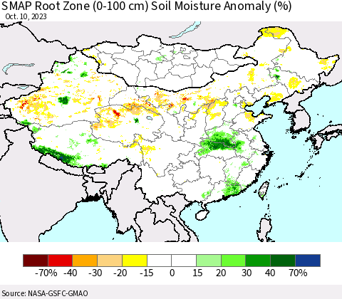 China, Mongolia and Taiwan SMAP Root Zone (0-100 cm) Soil Moisture Anomaly (%) Thematic Map For 10/6/2023 - 10/10/2023