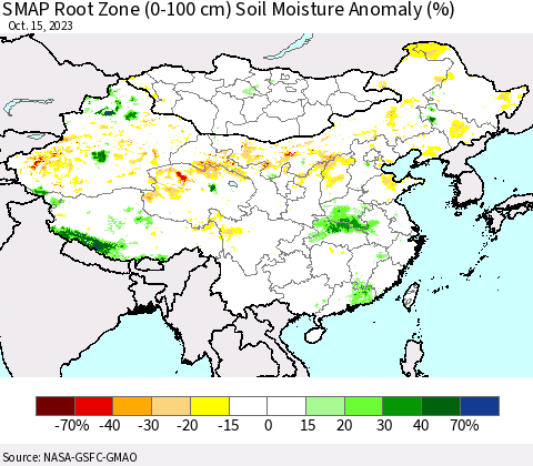 China, Mongolia and Taiwan SMAP Root Zone (0-100 cm) Soil Moisture Anomaly (%) Thematic Map For 10/11/2023 - 10/15/2023