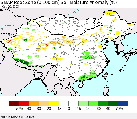 China, Mongolia and Taiwan SMAP Root Zone (0-100 cm) Soil Moisture Anomaly (%) Thematic Map For 10/16/2023 - 10/20/2023