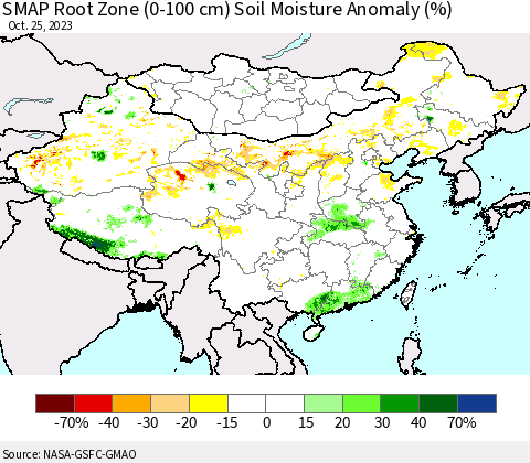 China, Mongolia and Taiwan SMAP Root Zone (0-100 cm) Soil Moisture Anomaly (%) Thematic Map For 10/21/2023 - 10/25/2023