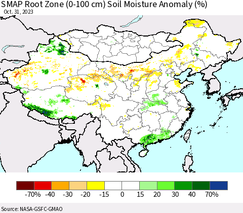 China, Mongolia and Taiwan SMAP Root Zone (0-100 cm) Soil Moisture Anomaly (%) Thematic Map For 10/26/2023 - 10/31/2023