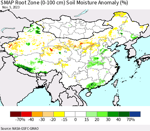China, Mongolia and Taiwan SMAP Root Zone (0-100 cm) Soil Moisture Anomaly (%) Thematic Map For 11/1/2023 - 11/5/2023