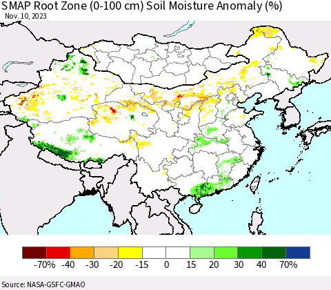 China, Mongolia and Taiwan SMAP Root Zone (0-100 cm) Soil Moisture Anomaly (%) Thematic Map For 11/6/2023 - 11/10/2023