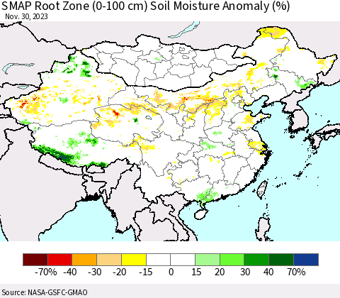 China, Mongolia and Taiwan SMAP Root Zone (0-100 cm) Soil Moisture Anomaly (%) Thematic Map For 11/26/2023 - 11/30/2023