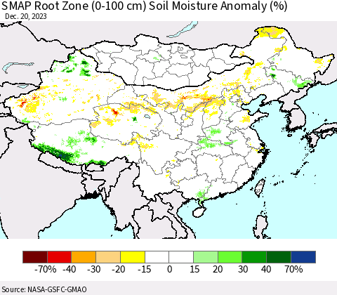 China, Mongolia and Taiwan SMAP Root Zone (0-100 cm) Soil Moisture Anomaly (%) Thematic Map For 12/16/2023 - 12/20/2023