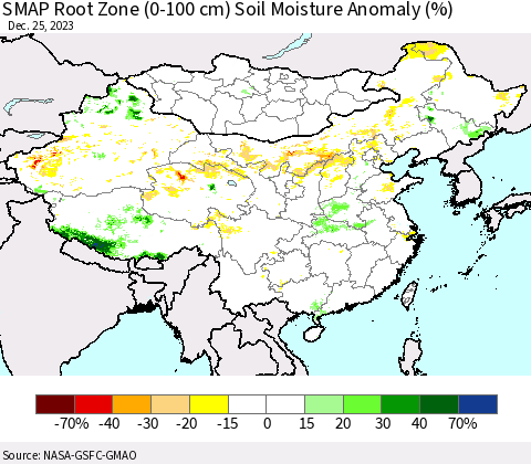 China, Mongolia and Taiwan SMAP Root Zone (0-100 cm) Soil Moisture Anomaly (%) Thematic Map For 12/21/2023 - 12/25/2023