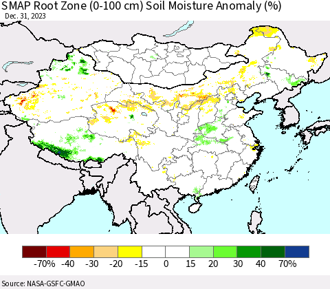 China, Mongolia and Taiwan SMAP Root Zone (0-100 cm) Soil Moisture Anomaly (%) Thematic Map For 12/26/2023 - 12/31/2023