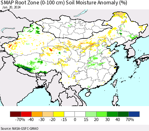 China, Mongolia and Taiwan SMAP Root Zone (0-100 cm) Soil Moisture Anomaly (%) Thematic Map For 1/16/2024 - 1/20/2024