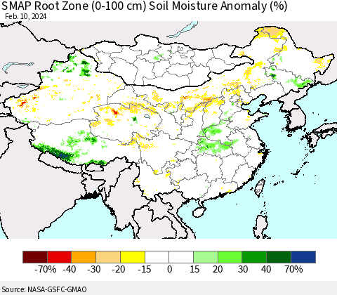 China, Mongolia and Taiwan SMAP Root Zone (0-100 cm) Soil Moisture Anomaly (%) Thematic Map For 2/6/2024 - 2/10/2024