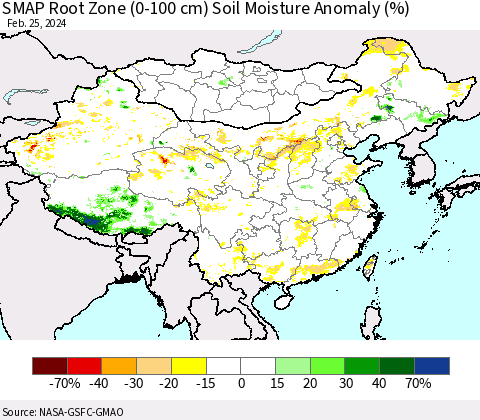 China, Mongolia and Taiwan SMAP Root Zone (0-100 cm) Soil Moisture Anomaly (%) Thematic Map For 2/21/2024 - 2/25/2024