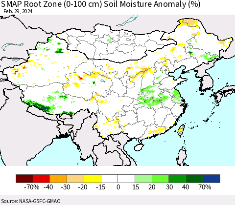 China, Mongolia and Taiwan SMAP Root Zone (0-100 cm) Soil Moisture Anomaly (%) Thematic Map For 2/26/2024 - 2/29/2024