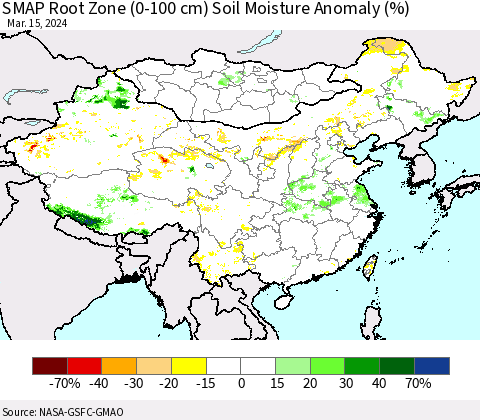 China, Mongolia and Taiwan SMAP Root Zone (0-100 cm) Soil Moisture Anomaly (%) Thematic Map For 3/11/2024 - 3/15/2024