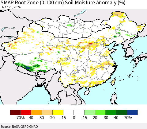 China, Mongolia and Taiwan SMAP Root Zone (0-100 cm) Soil Moisture Anomaly (%) Thematic Map For 3/16/2024 - 3/20/2024