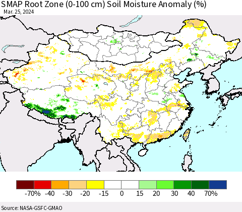 China, Mongolia and Taiwan SMAP Root Zone (0-100 cm) Soil Moisture Anomaly (%) Thematic Map For 3/21/2024 - 3/25/2024