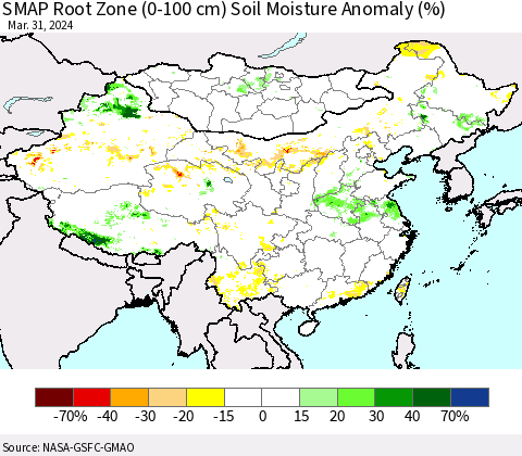 China, Mongolia and Taiwan SMAP Root Zone (0-100 cm) Soil Moisture Anomaly (%) Thematic Map For 3/26/2024 - 3/31/2024