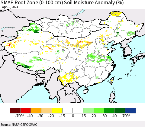 China, Mongolia and Taiwan SMAP Root Zone (0-100 cm) Soil Moisture Anomaly (%) Thematic Map For 4/1/2024 - 4/5/2024