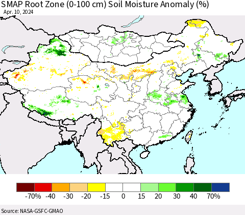 China, Mongolia and Taiwan SMAP Root Zone (0-100 cm) Soil Moisture Anomaly (%) Thematic Map For 4/6/2024 - 4/10/2024