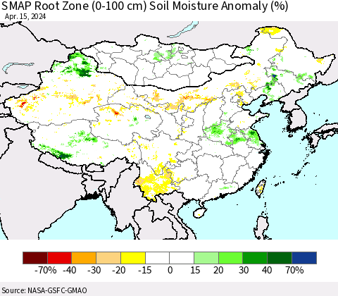 China, Mongolia and Taiwan SMAP Root Zone (0-100 cm) Soil Moisture Anomaly (%) Thematic Map For 4/11/2024 - 4/15/2024
