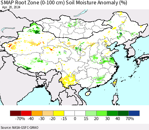China, Mongolia and Taiwan SMAP Root Zone (0-100 cm) Soil Moisture Anomaly (%) Thematic Map For 4/16/2024 - 4/20/2024