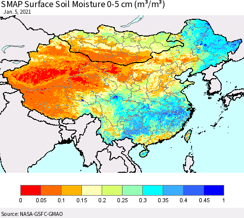 China, Mongolia and Taiwan SMAP Surface (0-5 cm) Soil Moisture (m³/m³) Thematic Map For 1/1/2021 - 1/5/2021