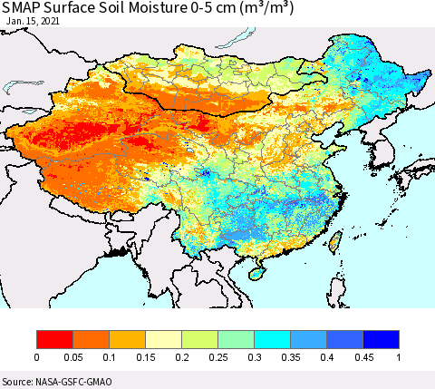 China, Mongolia and Taiwan SMAP Surface (0-5 cm) Soil Moisture (m³/m³) Thematic Map For 1/11/2021 - 1/15/2021