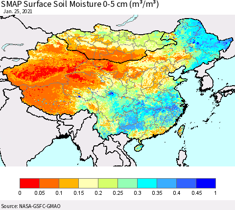 China, Mongolia and Taiwan SMAP Surface (0-5 cm) Soil Moisture (m³/m³) Thematic Map For 1/21/2021 - 1/25/2021