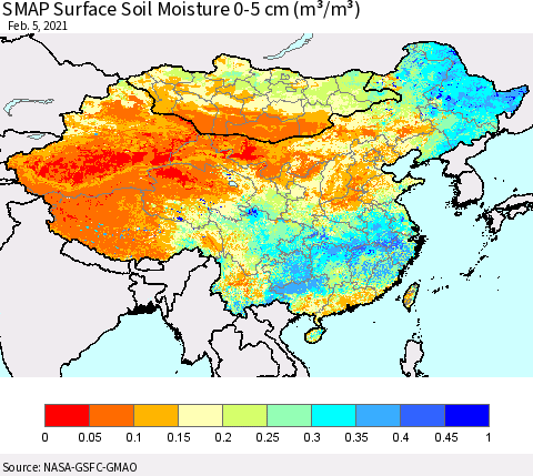 China, Mongolia and Taiwan SMAP Surface (0-5 cm) Soil Moisture (m³/m³) Thematic Map For 2/1/2021 - 2/5/2021