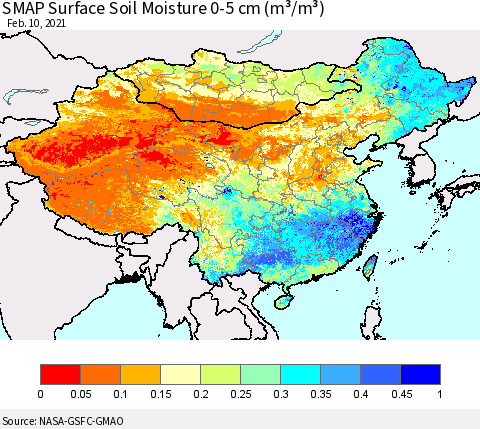 China, Mongolia and Taiwan SMAP Surface (0-5 cm) Soil Moisture (m³/m³) Thematic Map For 2/6/2021 - 2/10/2021