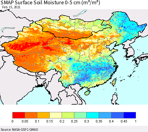China, Mongolia and Taiwan SMAP Surface (0-5 cm) Soil Moisture (m³/m³) Thematic Map For 2/11/2021 - 2/15/2021