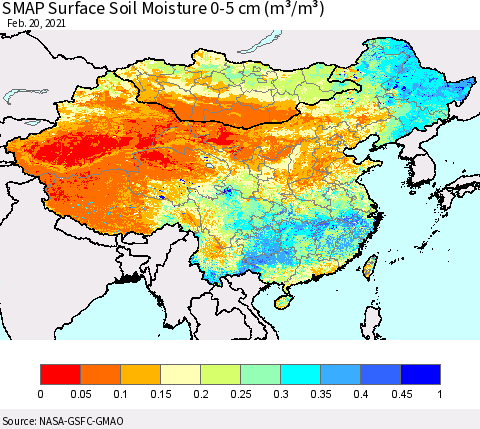 China, Mongolia and Taiwan SMAP Surface (0-5 cm) Soil Moisture (m³/m³) Thematic Map For 2/16/2021 - 2/20/2021