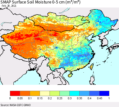China, Mongolia and Taiwan SMAP Surface (0-5 cm) Soil Moisture (m³/m³) Thematic Map For 2/26/2021 - 2/28/2021
