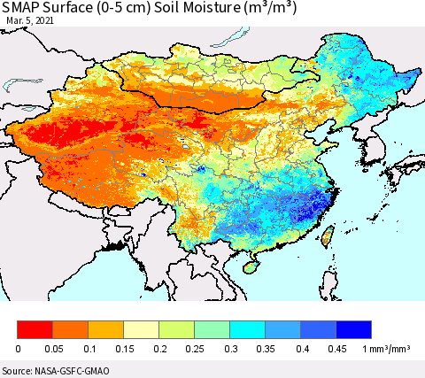 China, Mongolia and Taiwan SMAP Surface (0-5 cm) Soil Moisture (m³/m³) Thematic Map For 3/1/2021 - 3/5/2021