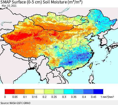 China, Mongolia and Taiwan SMAP Surface (0-5 cm) Soil Moisture (m³/m³) Thematic Map For 3/6/2021 - 3/10/2021