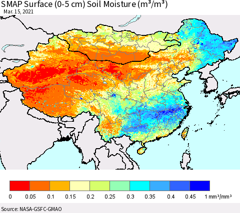 China, Mongolia and Taiwan SMAP Surface (0-5 cm) Soil Moisture (m³/m³) Thematic Map For 3/11/2021 - 3/15/2021