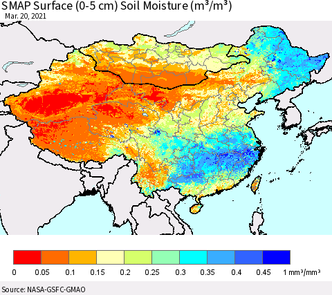 China, Mongolia and Taiwan SMAP Surface (0-5 cm) Soil Moisture (m³/m³) Thematic Map For 3/16/2021 - 3/20/2021