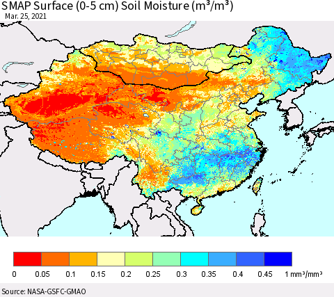 China, Mongolia and Taiwan SMAP Surface (0-5 cm) Soil Moisture (m³/m³) Thematic Map For 3/21/2021 - 3/25/2021