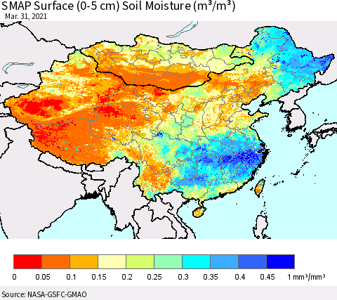 China, Mongolia and Taiwan SMAP Surface (0-5 cm) Soil Moisture (m³/m³) Thematic Map For 3/26/2021 - 3/31/2021