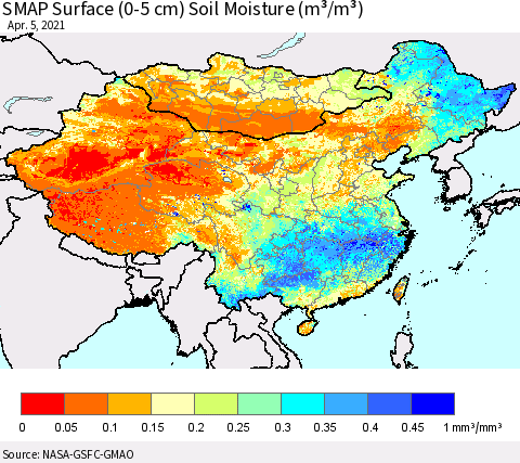 China, Mongolia and Taiwan SMAP Surface (0-5 cm) Soil Moisture (m³/m³) Thematic Map For 4/1/2021 - 4/5/2021