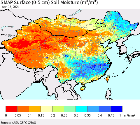 China, Mongolia and Taiwan SMAP Surface (0-5 cm) Soil Moisture (m³/m³) Thematic Map For 4/11/2021 - 4/15/2021