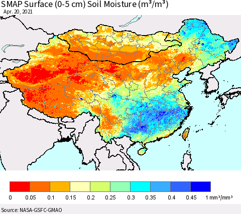 China, Mongolia and Taiwan SMAP Surface (0-5 cm) Soil Moisture (m³/m³) Thematic Map For 4/16/2021 - 4/20/2021