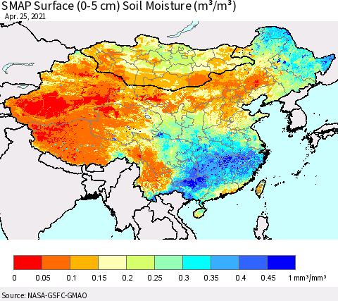 China, Mongolia and Taiwan SMAP Surface (0-5 cm) Soil Moisture (m³/m³) Thematic Map For 4/21/2021 - 4/25/2021