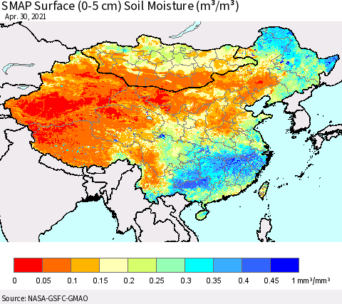 China, Mongolia and Taiwan SMAP Surface (0-5 cm) Soil Moisture (m³/m³) Thematic Map For 4/26/2021 - 4/30/2021
