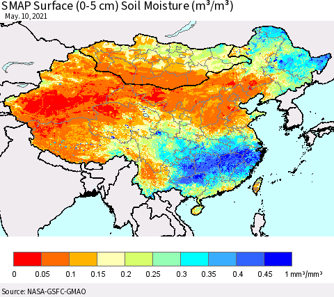 China, Mongolia and Taiwan SMAP Surface (0-5 cm) Soil Moisture (m³/m³) Thematic Map For 5/6/2021 - 5/10/2021