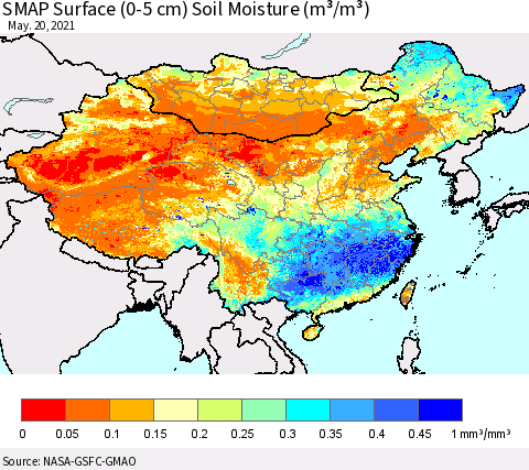China, Mongolia and Taiwan SMAP Surface (0-5 cm) Soil Moisture (m³/m³) Thematic Map For 5/16/2021 - 5/20/2021