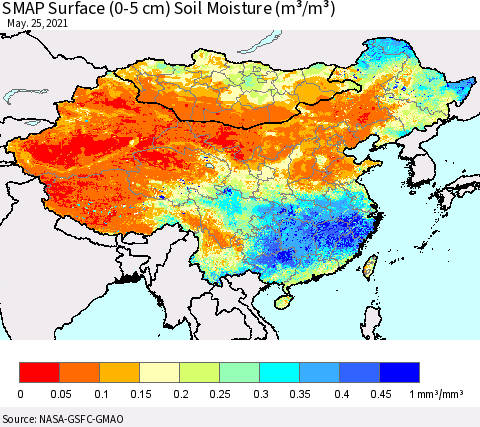 China, Mongolia and Taiwan SMAP Surface (0-5 cm) Soil Moisture (m³/m³) Thematic Map For 5/21/2021 - 5/25/2021