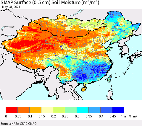China, Mongolia and Taiwan SMAP Surface (0-5 cm) Soil Moisture (m³/m³) Thematic Map For 5/26/2021 - 5/31/2021