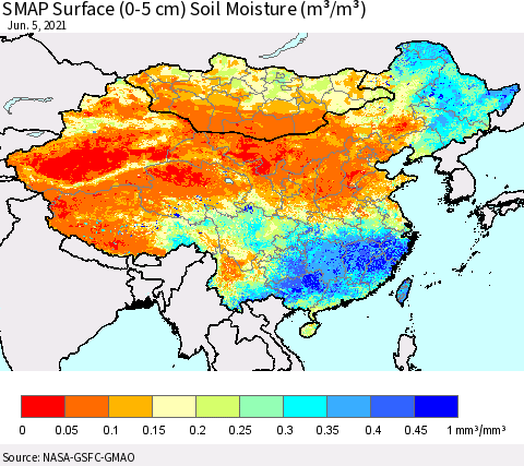 China, Mongolia and Taiwan SMAP Surface (0-5 cm) Soil Moisture (m³/m³) Thematic Map For 6/1/2021 - 6/5/2021