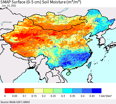 China, Mongolia and Taiwan SMAP Surface (0-5 cm) Soil Moisture (m³/m³) Thematic Map For 6/6/2021 - 6/10/2021