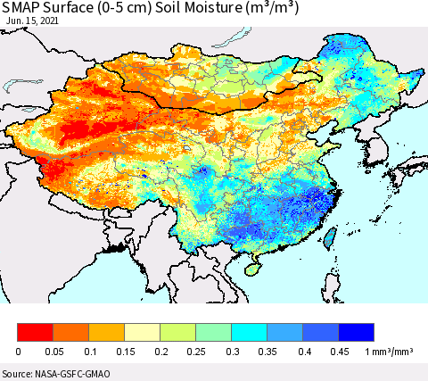 China, Mongolia and Taiwan SMAP Surface (0-5 cm) Soil Moisture (m³/m³) Thematic Map For 6/11/2021 - 6/15/2021