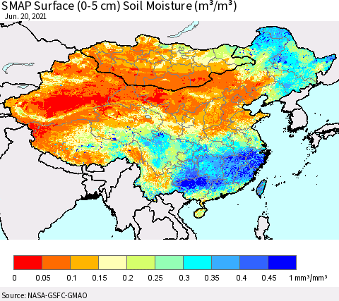 China, Mongolia and Taiwan SMAP Surface (0-5 cm) Soil Moisture (m³/m³) Thematic Map For 6/16/2021 - 6/20/2021